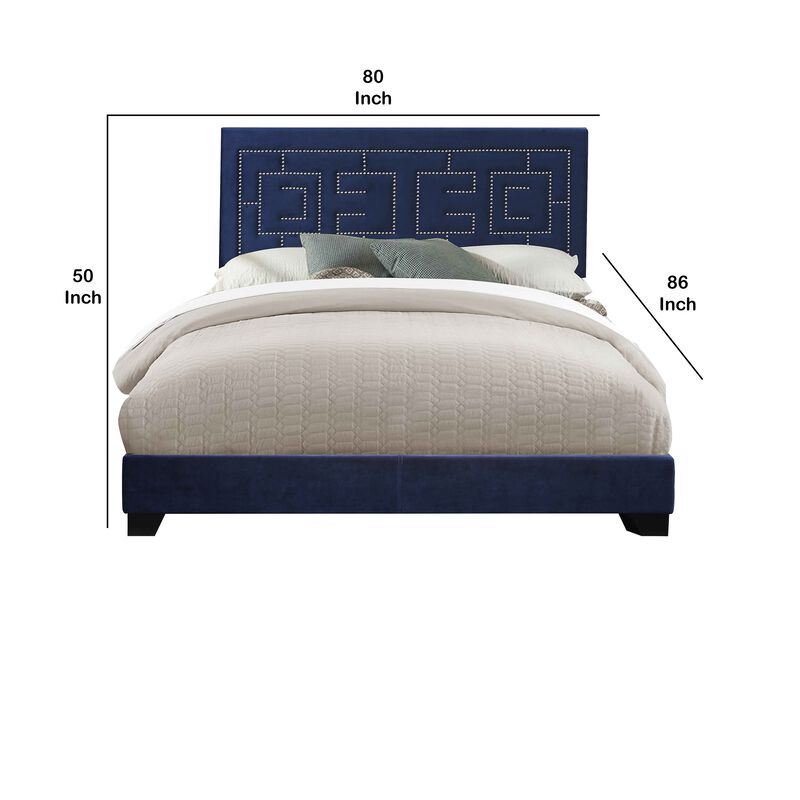 Fabric Eastern King Bed with Geometric Pattern Nailhead Trims, Blue-Benzara