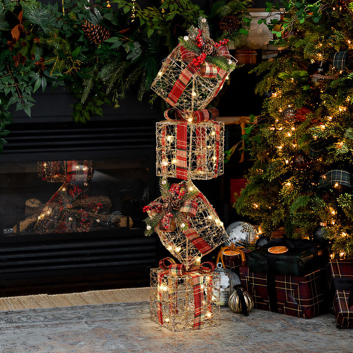 LuxenHome Champagne Gold Gift Boxes Holiday Decoration with Battery-Operated Lights