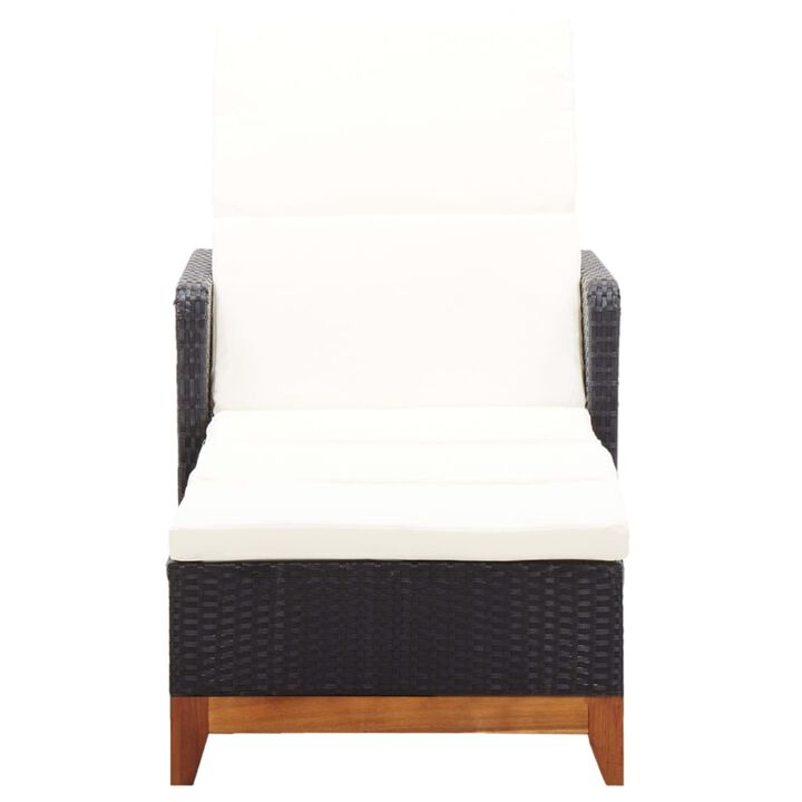 vidaXL Weather-Resistant Sun Lounger - Black Poly Rattan Outdoor Reclining Sunbed with Solid Acacia Wood Base and Removable Cushion