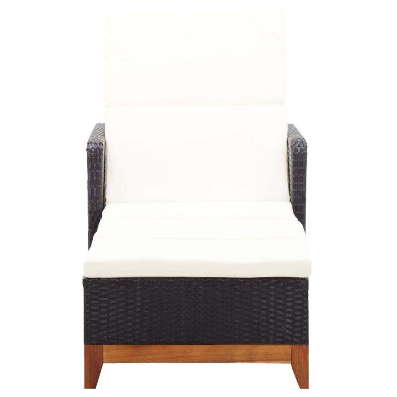 vidaXL Weather-Resistant Sun Lounger - Black Poly Rattan Outdoor Reclining Sunbed with Solid Acacia Wood Base and Removable Cushion