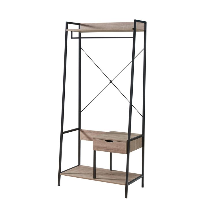 Bery 71 Inch Clothing Rack, 1 Drawer, Hanging Rod, Open Shelf, Taupe, Black - Benzara