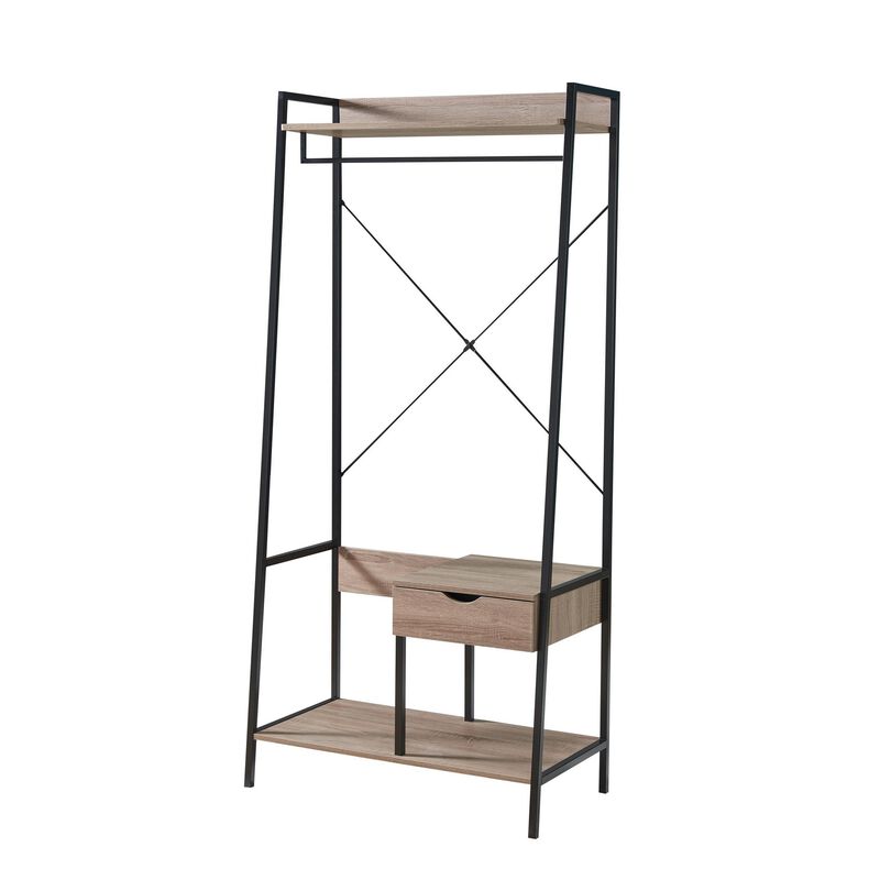 Bery 71 Inch Clothing Rack, 1 Drawer, Hanging Rod, Open Shelf, Taupe, Black - Benzara