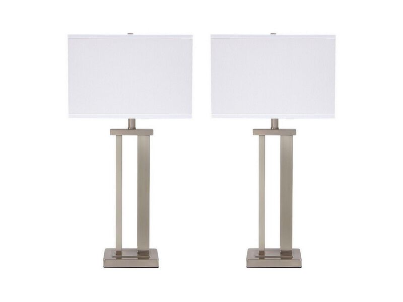 Metal Frame Table Lamp with Hardback Shade, Set of 2, White and Silver - Benzara