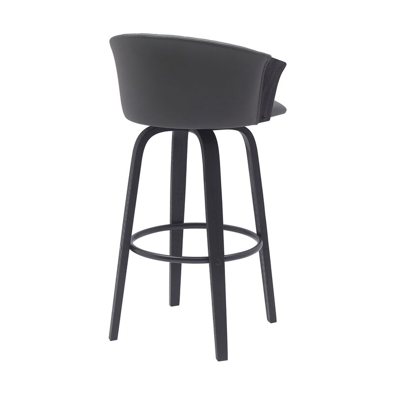 Oja 30 Inch Swivel Barstool Chair, Faux Leather, Curved Back, Black Wood - Benzara