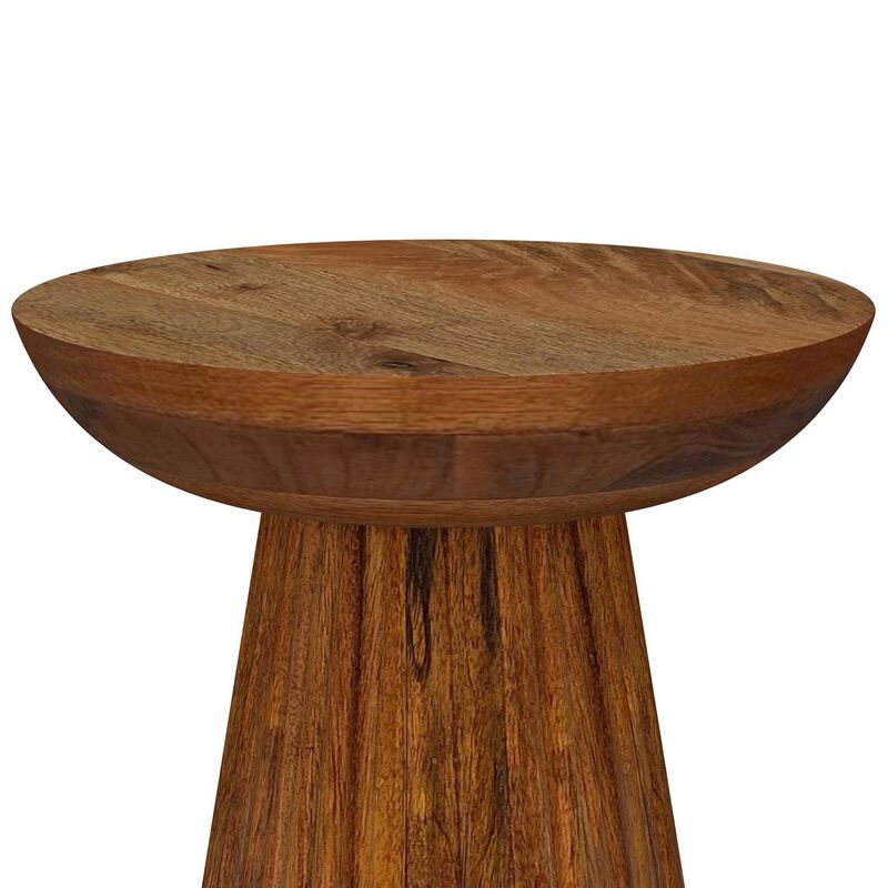 Ureo Round Accent Side Table, Cone Pedestal Base, Brown Mango Wood - Benzara