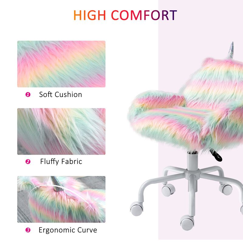 Colorful Kids' Chair: Fluffy Unicorn Vanity Office Chair with Rainbow Swivel