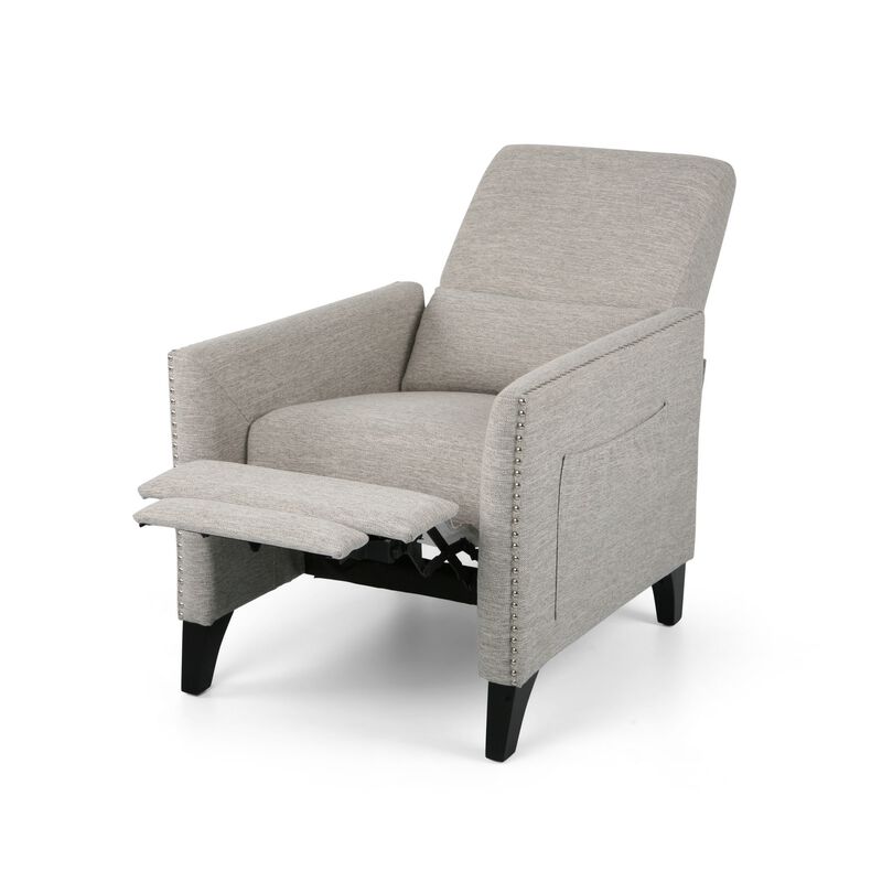Davy Pushback Recliner Chair, Nailhead Trim, Birch Wood, Gray Fabric - Benzara