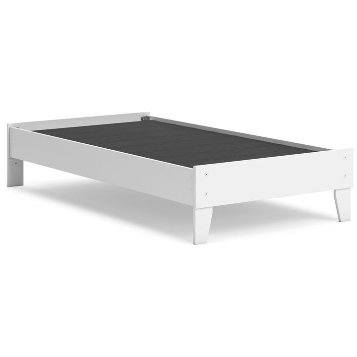 Kally Twin Platform Bed, Matte White Wood, Low Profile Tapered Legs - Benzara