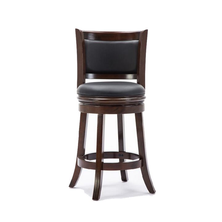 Round Wooden Swivel Counter Stool with Padded Seat and Back, Dark Brown-Benzara