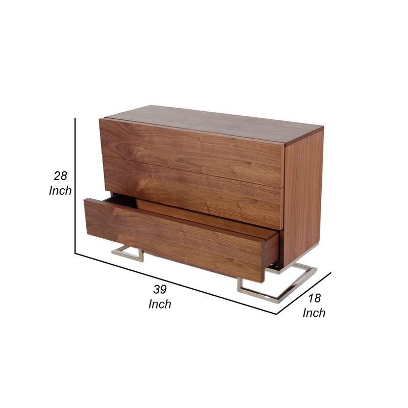 Sam 39 Inch Dresser, 3 Drawers, Sleek Chrome Steel Legs, Walnut Brown Wood - Benzara