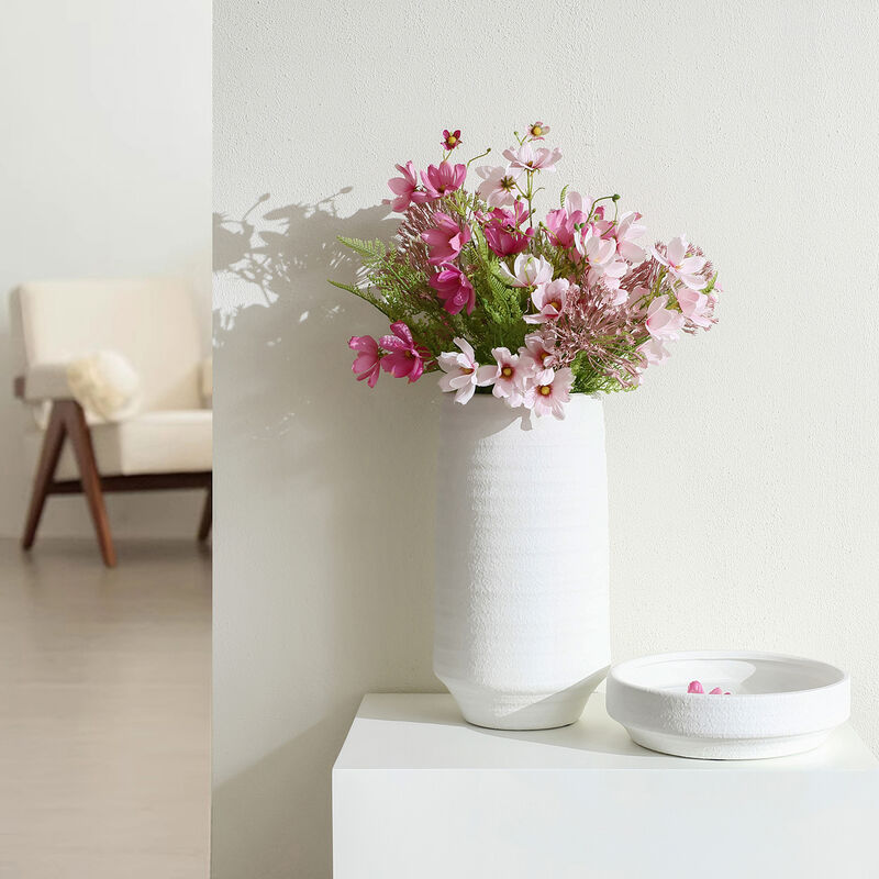 LuxenHome White Terracotta 11.2-Inch Round Indoor and Outdoor Bowl Vase