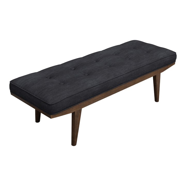 50 Inch Classic Bench, Button Tufted Taupe Fabric, Brown Wood Angled Legs-Benzara