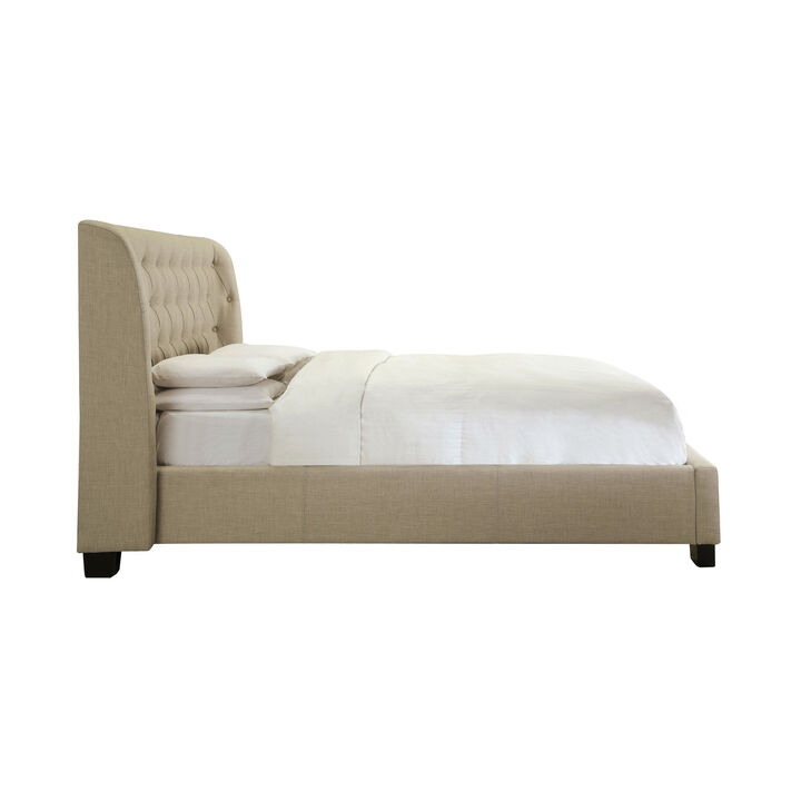 Pax California King Size Bed, Beige Linen, Curved Button Tufted Headboard  - Benzara