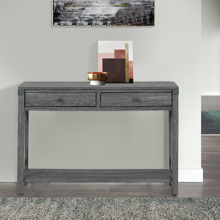 Sofa Table with X Metal Accent and 2 Drawers, Gray-Benzara