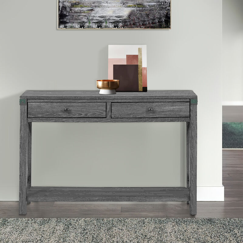 Sofa Table with X Metal Accent and 2 Drawers, Gray-Benzara
