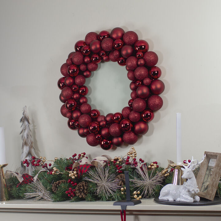 Burgundy 3-Finish Shatterproof Ball Christmas Wreath - 24"  Unlit
