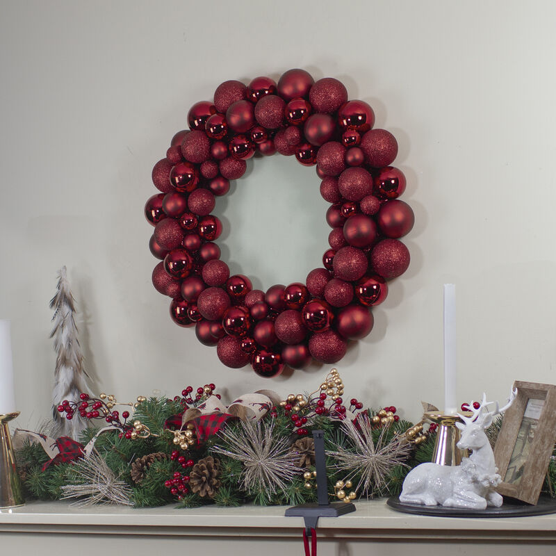 Burgundy 3-Finish Shatterproof Ball Christmas Wreath - 24"  Unlit