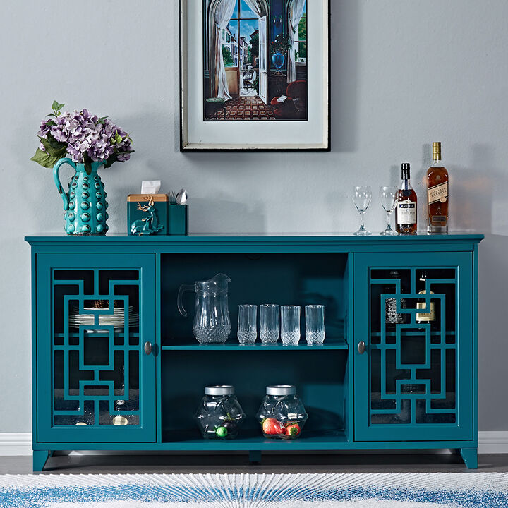 60" Sideboard Buffet Table With 2 Doors, Storage Cabinet With Adjustable Shelves, Teal