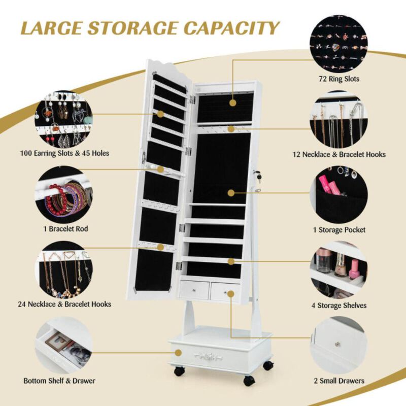 Hivvago Rolling Floor Standing Mirrored Jewelry Armoire with Lock and Drawers