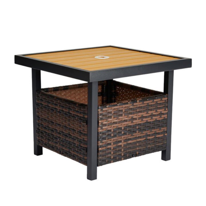 Outdoor Wicker Side Table with Umbrella Hole and Storage Shelf