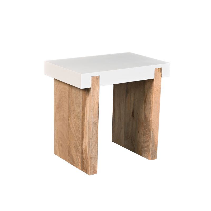 Kerry 20 Inch Rectangular End Side Table, Mango Wood, Sled Base, Glossy White, Natural Brown-Benzara