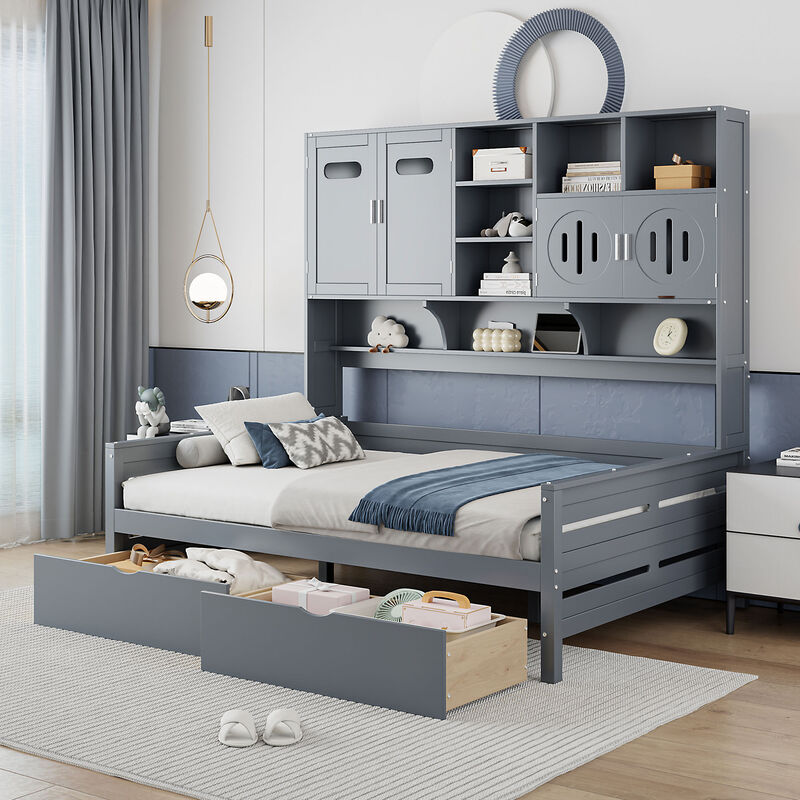 Merax Wooden Daybed with Storage Drawers and Cabinets