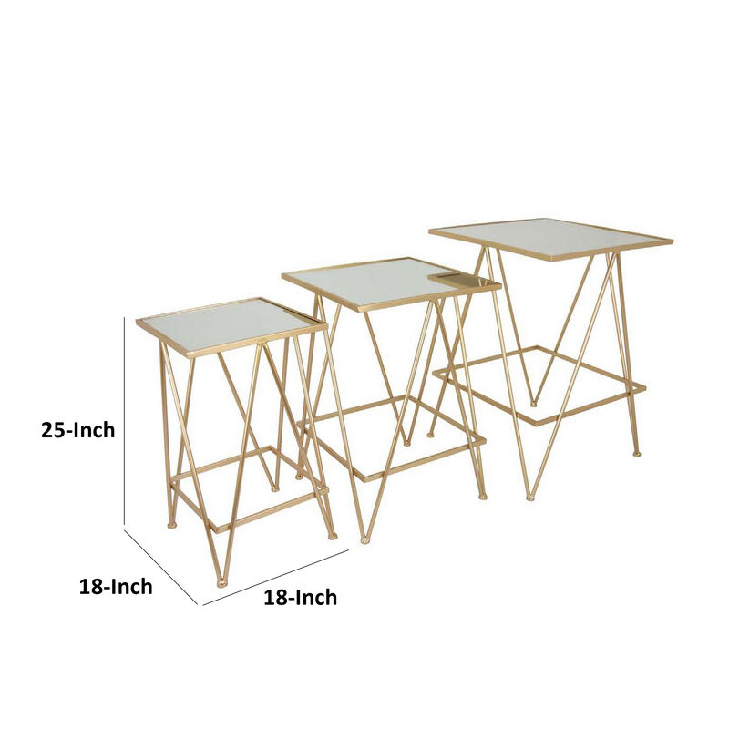 25 Inch Plant Stand Table Set of 3, Square, Metal, Mirror, Gold Finish - Benzara
