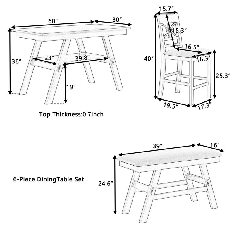 6-Piece Wood Counter Height Dining Table Set with Storage Shelf