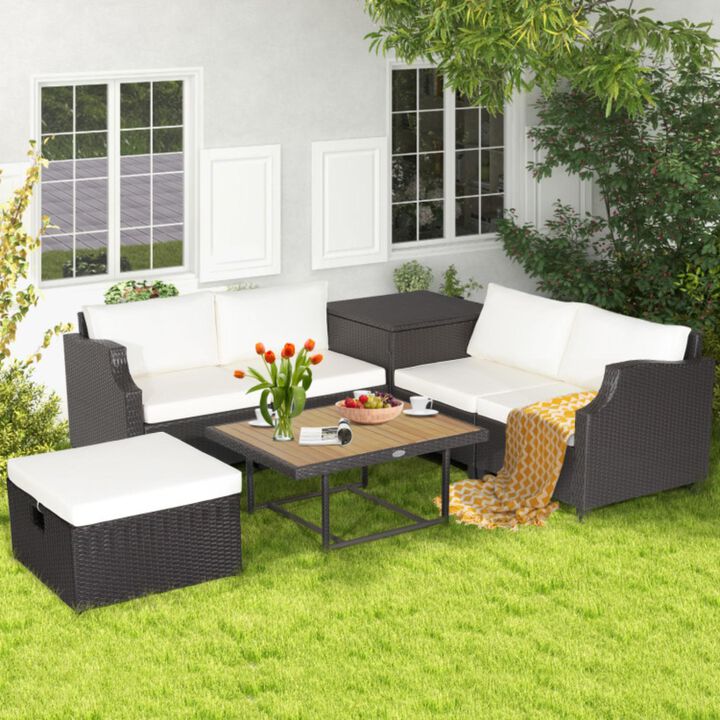 Hivvago 7 Pieces Hand-Woven Wicker Outdoor Furniture Set with Acacia Wood Coffee Table-White
