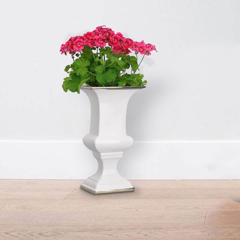 Ceramic Decorative Urn With Rectangular Opening, Large, White & Silver - Benzara