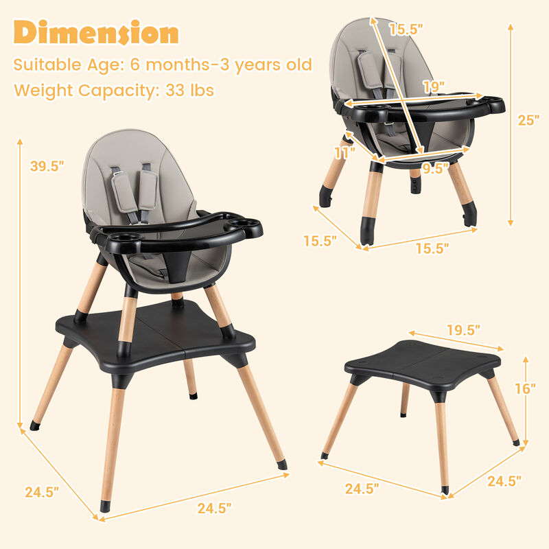 5-in-1 Baby Eat and Grow Convertible Wooden High Chair with Detachable Tray