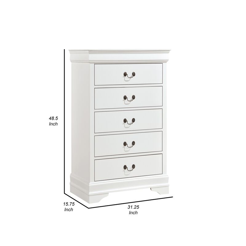 Vele 49 Inch Tall Dresser Chest, 5 Drawers, Brass Tone Metal, White Wood - Benzara