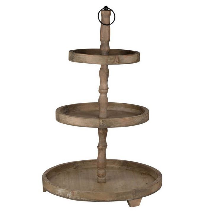 Zia 30 Inch 3 Tier Serving Tray, Flat Round Plates, Brown Fir Wood Finish - Benzara