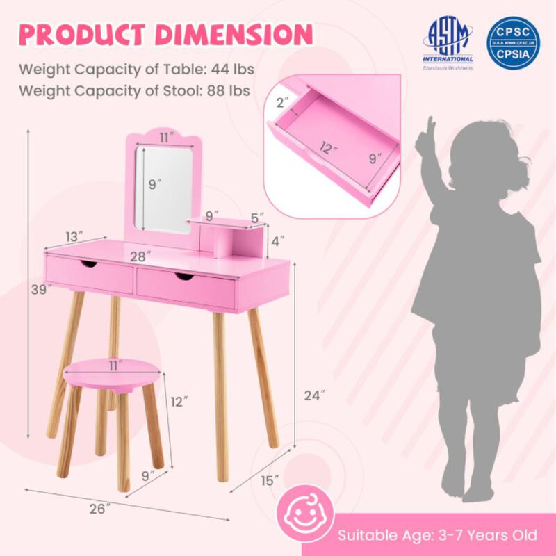 Hivvago Kid Vanity Table Chair Set with Mirror and 2 Large Storage Drawers-Pink