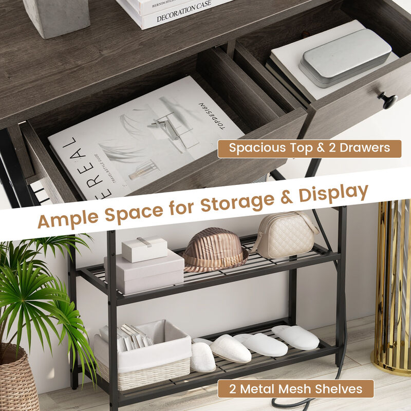 Narrow Console Table with 2 Drawers and 2 Metal Mesh Shelves