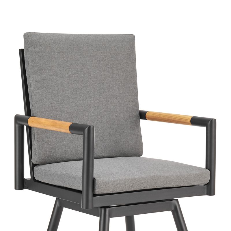 Razi 30 Inch Outdoor Swivel Barstool Chair, Black Aluminum, Gray Cushions - Benzara