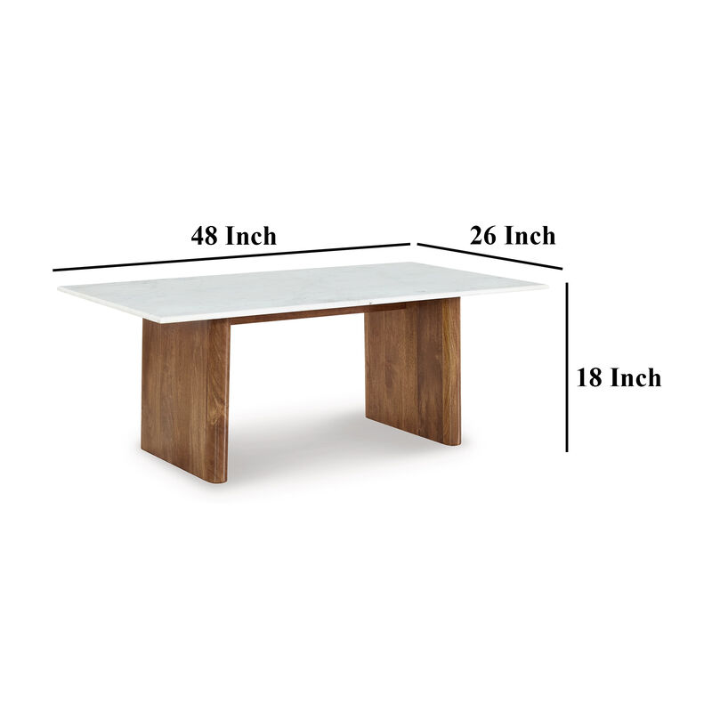 Wrenn Cocktail Coffee Table, Marble, Rectangular 48 Inch Brown Wood - Benzara