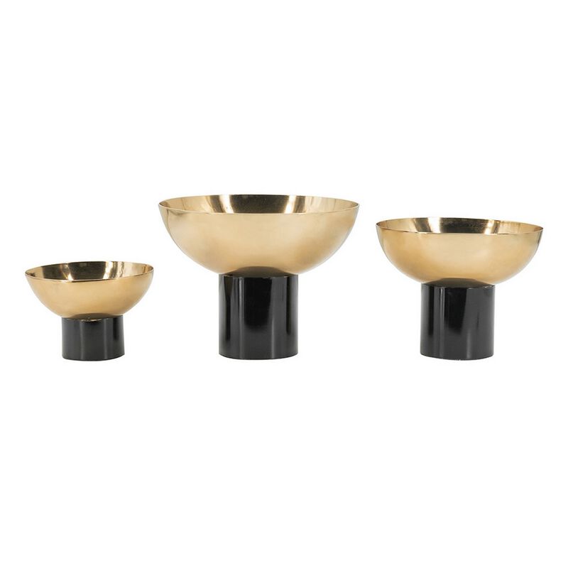 Set of 3 Round Bowls, Black and Gold Aluminum Finish, Sturdy Metal Stand - Benzara