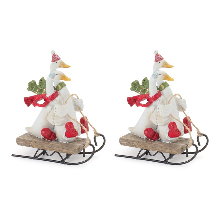 Geese on Sled Set of 4 Resin Figurines for Christmas Decor