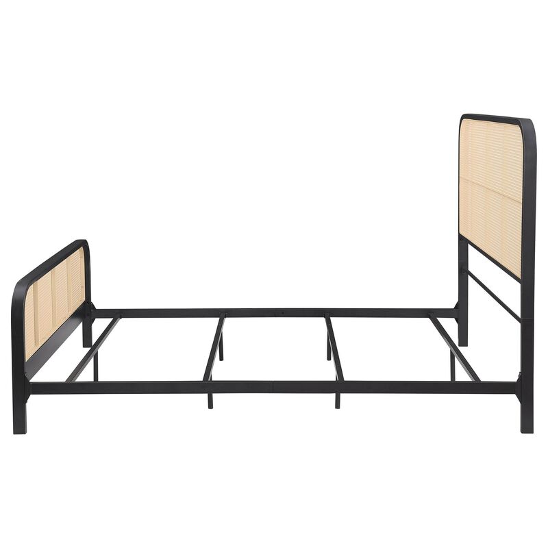 Lanie Queen Bed with Brown Open Cane Webbing Faux Rattan, Black Metal  - Benzara
