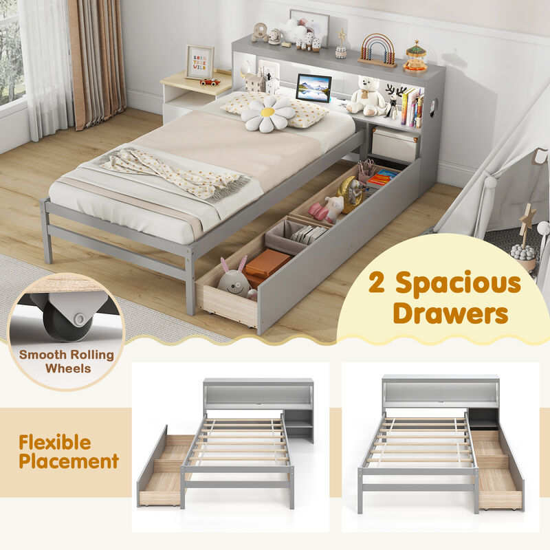 Bed Frame with LED Light and Bookcase Headboard