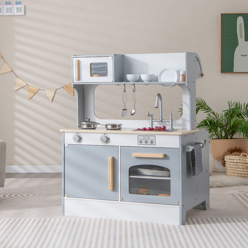 Double Sided Kids Pretend Kitchen Playset with 2-Seat Cafe-Grey
