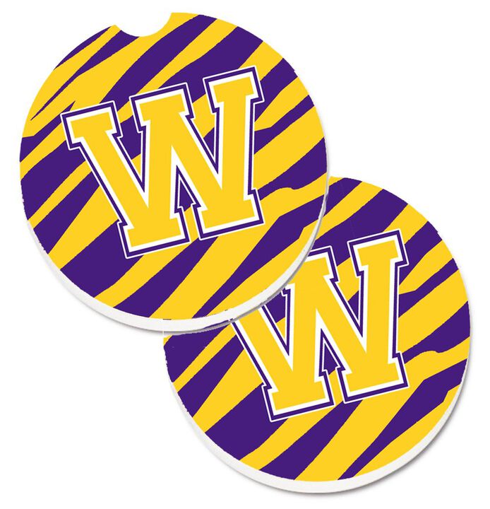 Caroline's Treasures Letter W Monogram - Tiger Stripe - Purple Gold Set of 2 Cup Holder Car Coasters CJ1022-WCARC, 2.56, Multicolor