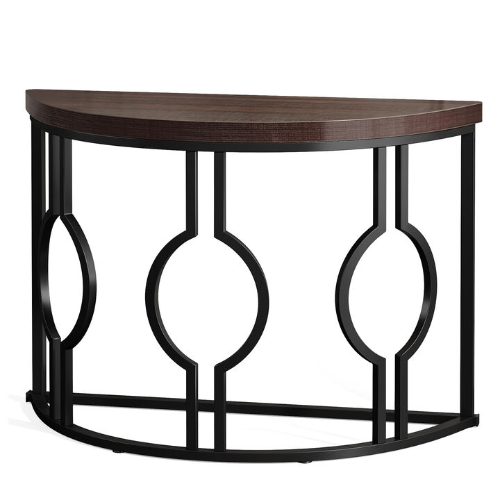Half Moon Console Table for Entryway, 43 Inch Industrial Semi Circle Sofa Table with Geometric Base, Wood Accent Table for Living Room, Hallway, Foyer, Entrance