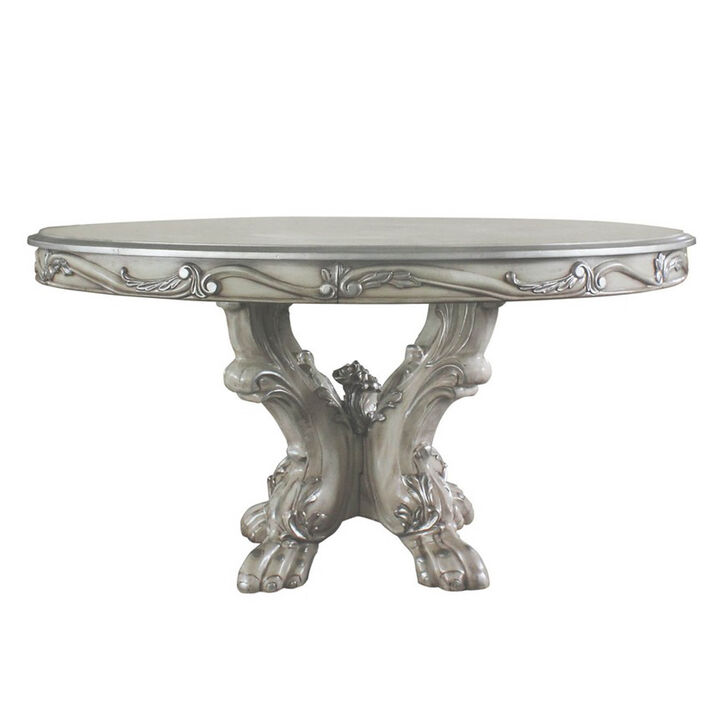 60 Inch Wooden Dining Table with Trestle Base, Bone White - Benzara
