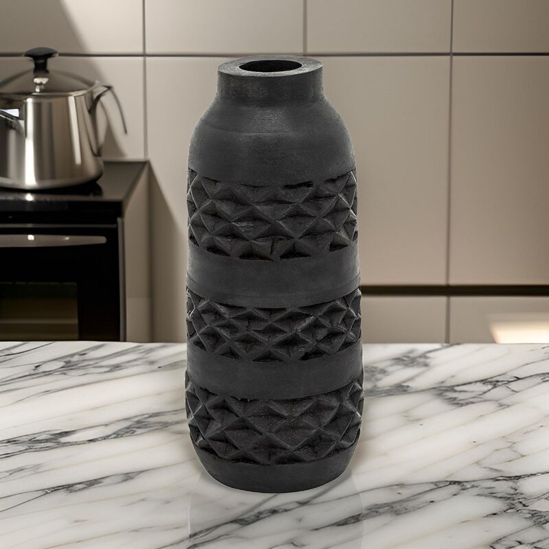 Yuka 12 Inch Vase, Bottle Shape, Embossed Diamond Patterns, Stained Black - Benzara