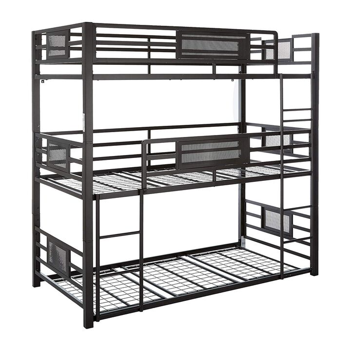 Metal Triple Bunk Bed with Built in Ladder, Bronze-Benzara