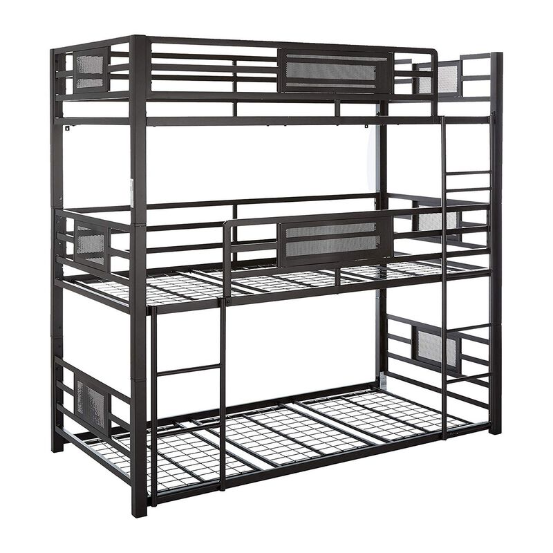 Metal Triple Bunk Bed with Built in Ladder, Bronze-Benzara