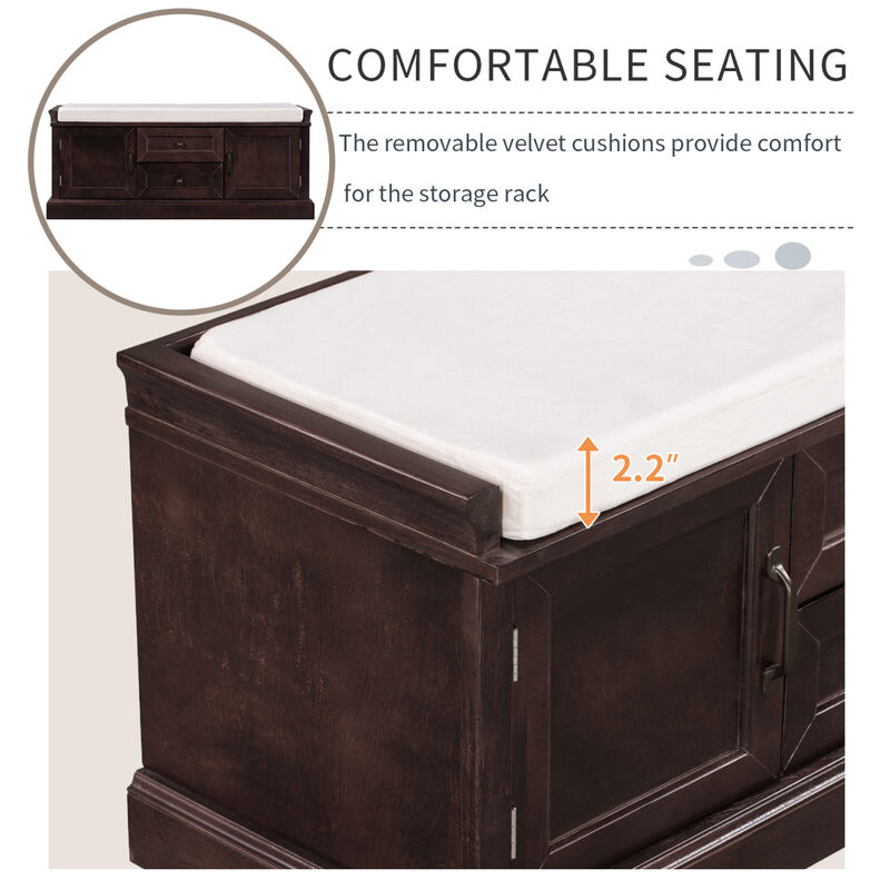 Storage Bench With 2 Drawers And 2 Cabinets, Shoe Bench With Removable Cushion For Living Room