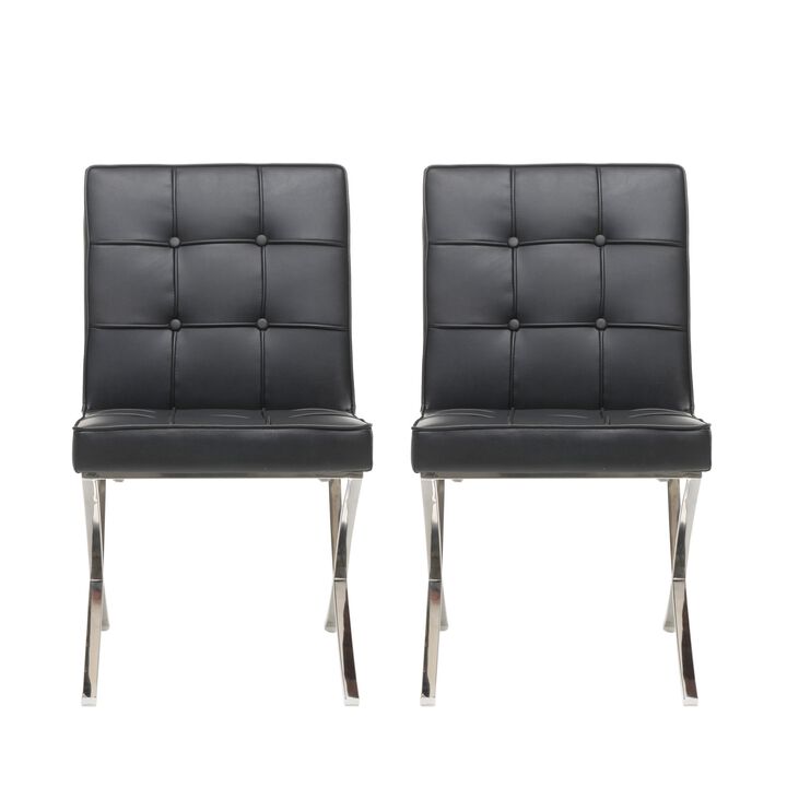 Dinner Chair Set of 2, X Chrome Legs, Button Tufted Black Leather - Benzara